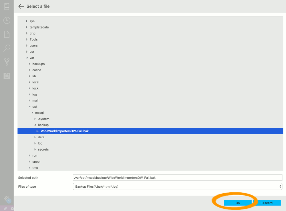 Screenshot of the backup file in the SQLOPS/Azure Data Studio file explorer