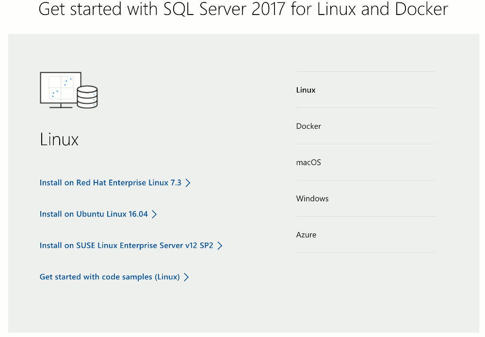 Screenshot of the Linux options for downloading SQL Server 2017
