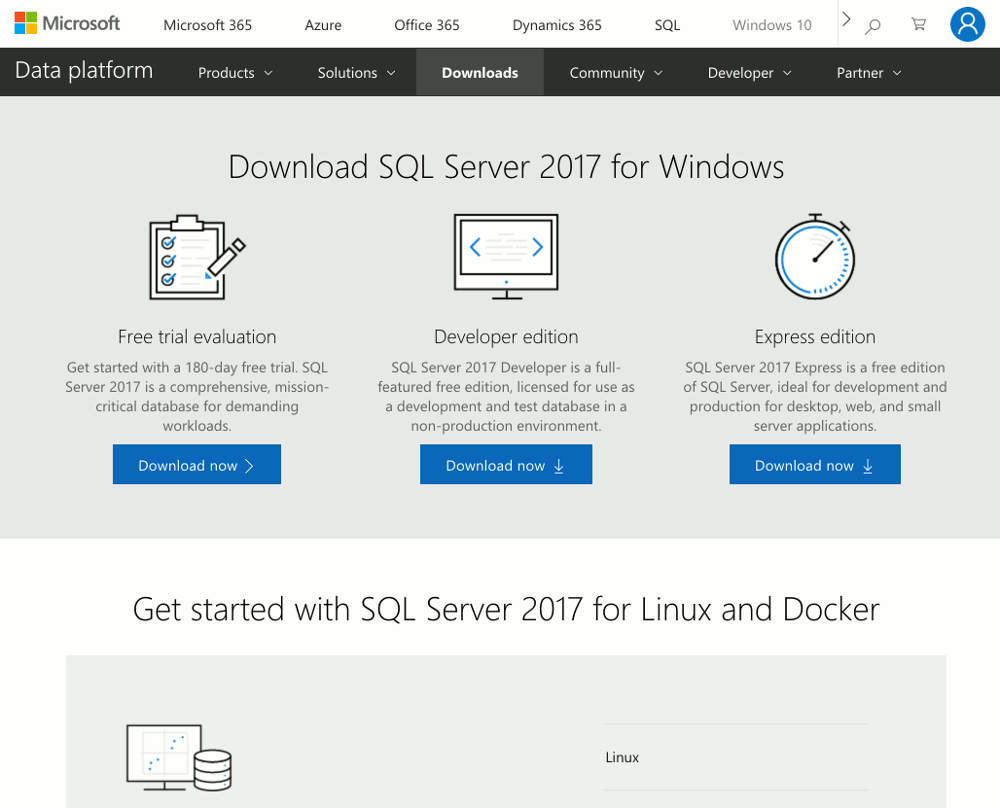 Screenshot of the Microsoft website for SQL Server 2017 downloads