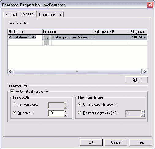Creating a new database in SQL Server - step 4