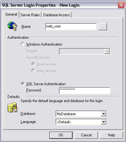SQL Server Login Properties - General tab