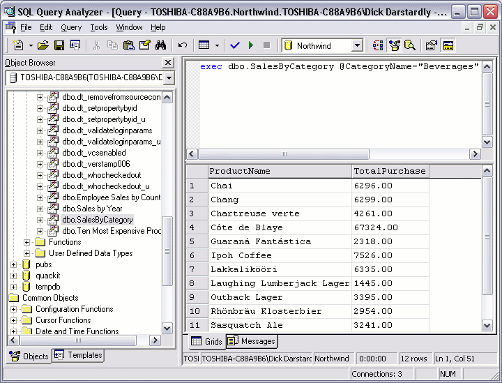 Results of stored procedure